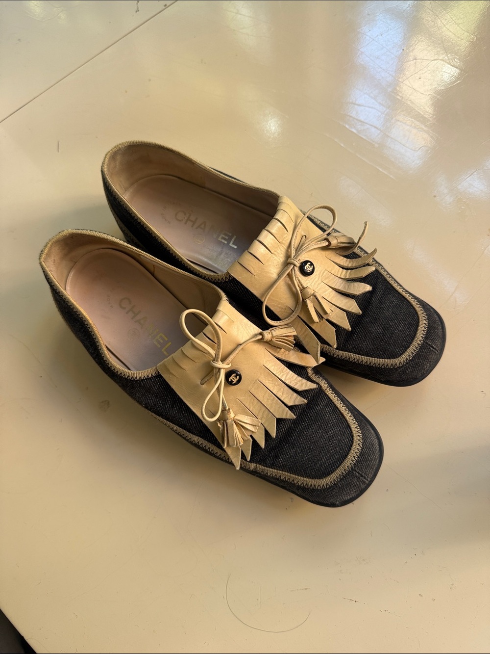CHANEL Denim and Beige Leather Fringe Kiltie Loafers